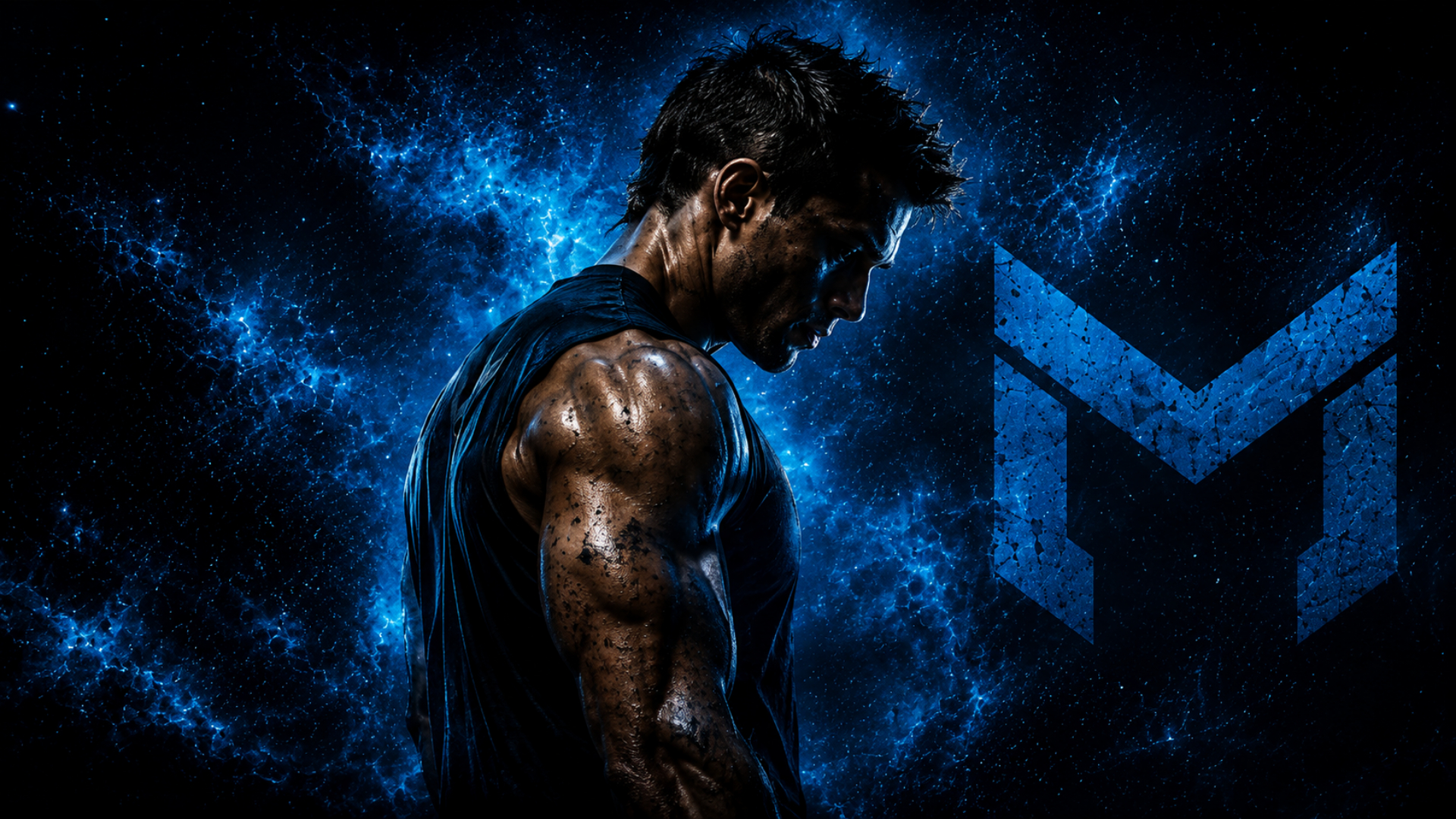 Muscular athlete lit by intense blue light against a nebula backdrop with the MHKFT monogram